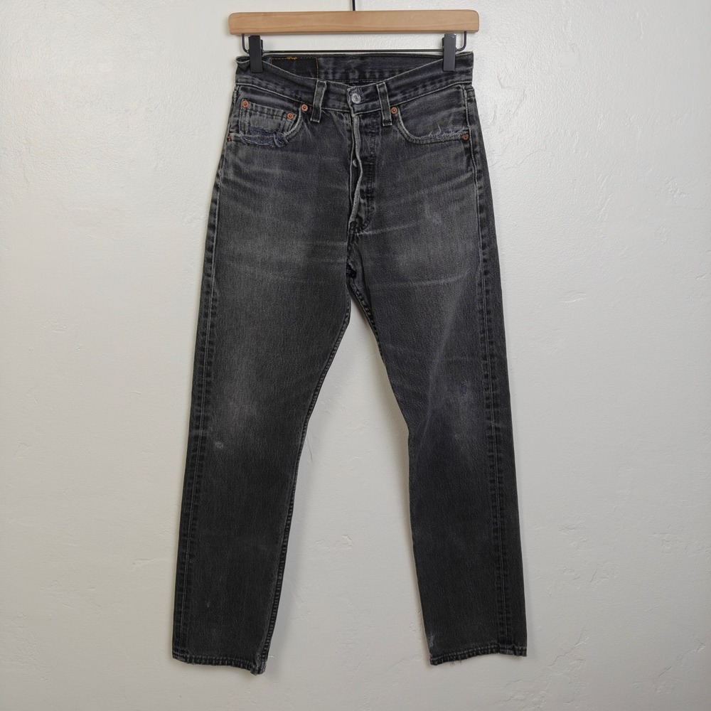 Vintage 80s Levi's 501 Women Jeans 27 Black Faded Distressed Button Fly Straight
